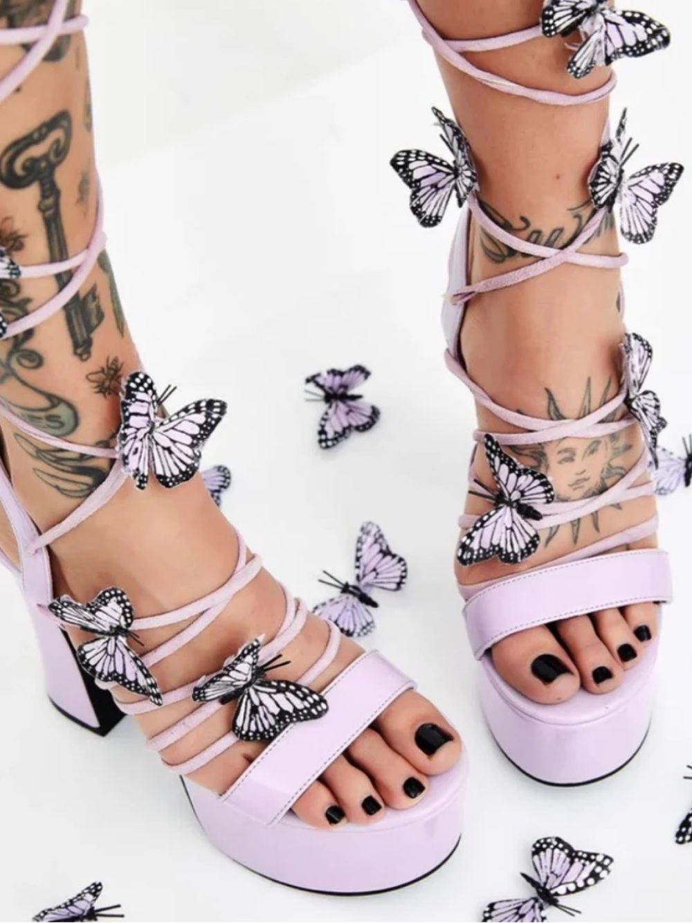 Dolls Kill Lavender Butterfly Lace-Up Platform Heels